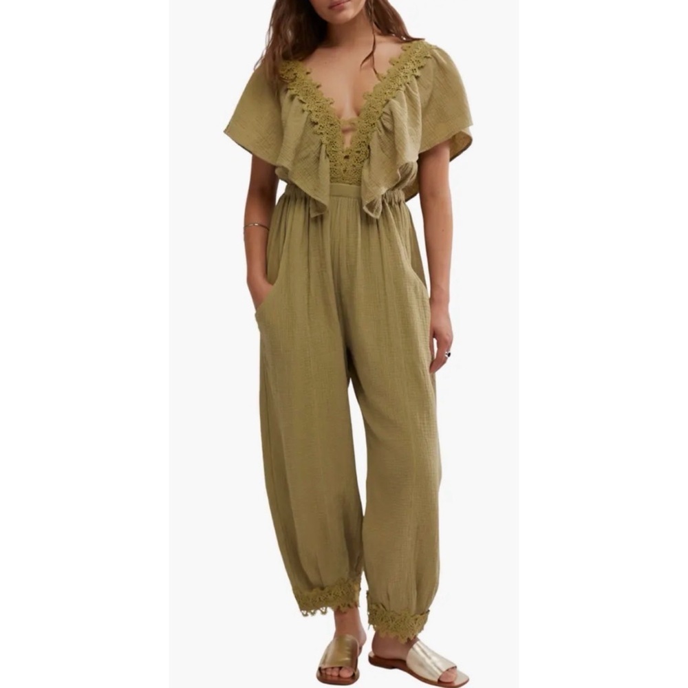 Free People Olive Green Lace-Trim Jumpsuit